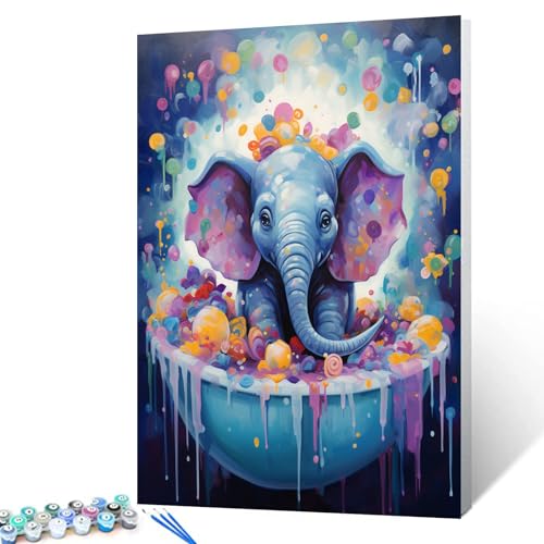 Tucocoo Malen nach Zahlen, Elefant in einer Badewanne, mit Pinseln und Acrylpigmenten auf Leinwand, Gemälde für Erwachsene, niedliches Tier- und Fantasie-Bild für Heimdekoration, Geschenke von Tucocoo