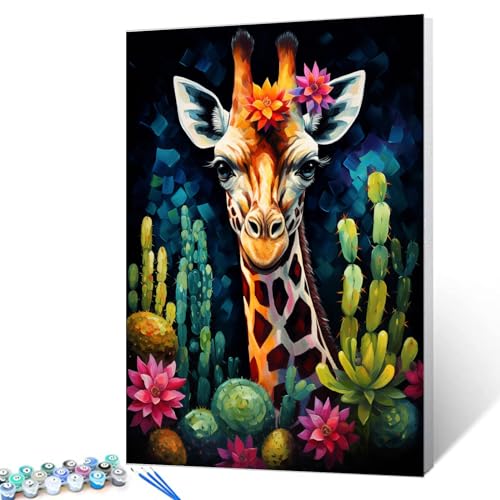 Tucocoo Malen nach Zahlen, Giraffe, Nahaufnahmen, 40 x 50 cm, Leinwand, Ölgemälde für Erwachsene, mit Pinseln und Acrylpigmenten, abstraktes Pflanzenkaktus, Tierbild für Heimdekorationn (ohne von Tucocoo