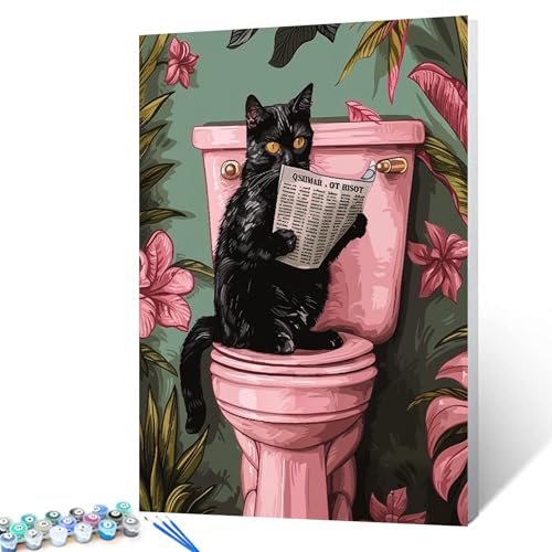 Tucocoo Malen nach Zahlen, Motiv: Schwarze Katze auf Toilette, mit Pinseln und Acrylpigmenten auf Leinwand, Gemälde für Erwachsene, Kätzchen, Rosa, lustiges Badezimmerbild für Zuhause, Wanddekoration von Tucocoo