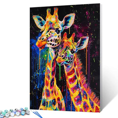 Tucocoo Malen nach Zahlen, niedliche Giraffe mit Kindern und Pinseln und Acrylpigmenten auf Leinwand, Gemälde für Erwachsene und Kinder, Tier-Graffiti-Stil für Zuhause, Wanddekoration, Geschenke, 40,6 von Tucocoo