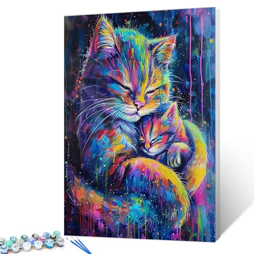 Tucocoo Malen nach Zahlen, niedliche Katze und ihr Kind, mit Pinseln und Acrylpigmenten auf Leinwand, Gemälde für Erwachsene, Tier-Graffiti-Stil für Zuhause, Wanddekoration, Geschenke, 40,6 x 50,8 cm von Tucocoo