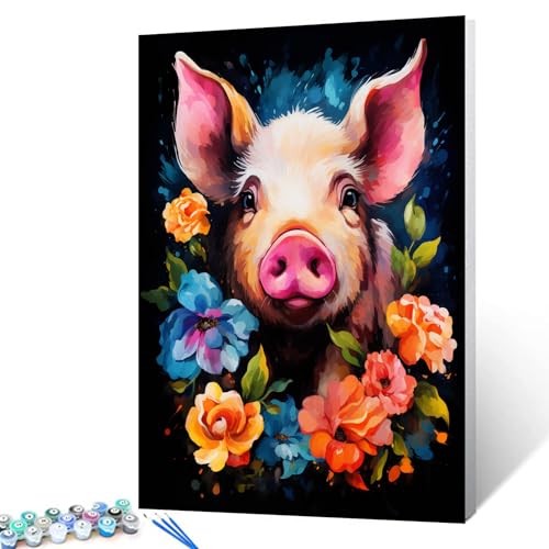 Tucocoo Malen nach Zahlen, süßes Schwein, 40 x 50 cm, Leinwand, DIY-Ölgemälde für Erwachsene, mit Pinseln und Acrylpigmenten, abstrakte Blumen, Tiere, Nahaufnahme, Bild für Heimdekoration von Tucocoo