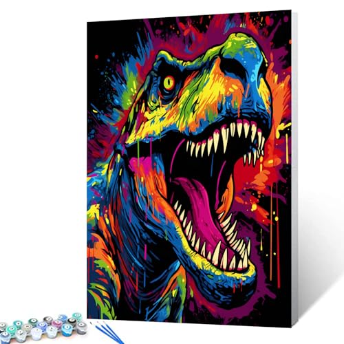 Tucocoo Malen-nach-Zahlen-Set, Motiv: Wütender Dinosaurier, 40 x 50 cm, Leinwand, DIY-Ölgemälde für Erwachsene, mit Pinseln und Acryl-Pigment, Graffiti-Tiere, schwarz, bunte Bilder für Heimdekoration von Tucocoo