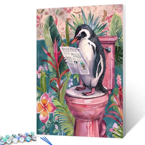 Tucocoo Malen-nach-Zahlen-Set Pinguin auf Toilette, mit Pinseln und Acrylpigmenten auf Leinwand, Gemälde für Erwachsene, lustige Tiere, Badezimmerbild für Zuhause, Wanddekoration, Geschenke, 40x50cm von Tucocoo