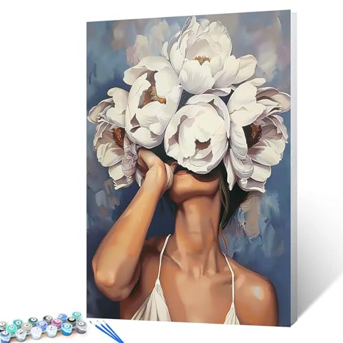 Tucocoo Malen nach Zahlen für Damen und Blumen moderner Stil Damenkopf Blumenbild Acryl-Ölgemälde Set Figur Dame Heimdekoration Malen nach Zahlen für Erwachsene Anfänger mit Rahmen von Tucocoo