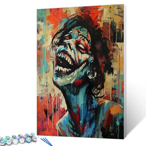 Tucocoo Malen nach Zahlen für Erwachsene, Motiv: Weiblicher Zombie, Horrorvolles Lachen, Malen nach Zahlen, Acrylfarbe, Leinwand, Dekor, Graffiti-Stil, Malset, Horrorkunst, Heimdekoration, 50,8 x 40,6 von Tucocoo