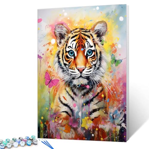 Tucocoo Niedlicher Tiger Malen nach Zahlen für Erwachsene, DIY Digitales Ölgemälde-Kits auf Leinwand mit Pinseln und Acrylpigment, buntes Schmetterlings-Tierbild für Heimdekor, Geschenke, 40 x 50 cm von Tucocoo