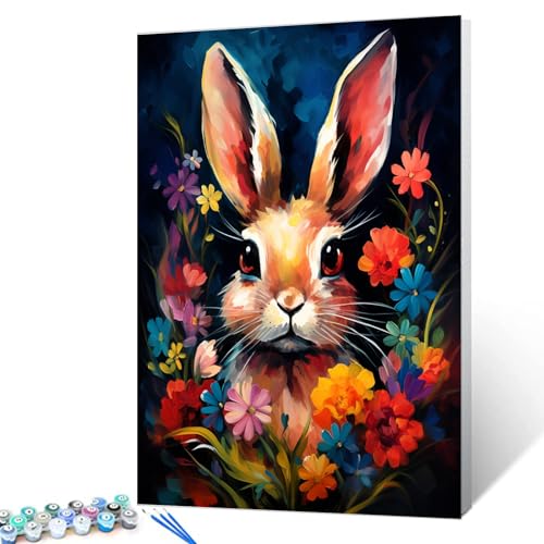 Tucocoo Niedliches Kaninchen-Malen-nach-Zahlen-Set mit Pinseln und Acrylpigment auf Leinwand, Gemälde für Erwachsene, abstrakte Blumen, Tier, Nahaufnahme, Bild für Heimdekoration, Geschenke von Tucocoo