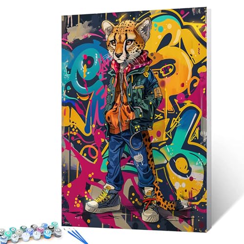 Tucocoo Punkish Tier-Malen-nach-Zahlen-Set mit Pinseln und Acryl-Pigmenten auf Leinwand, Gemälde für Erwachsene, Graffiti-Pop-Art, rebellisches Leopardenbild für Heimdekoration, Geschenke, 40 x 50 cm von Tucocoo