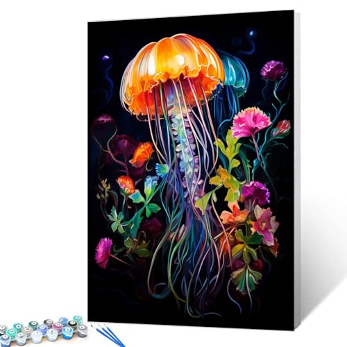 Tucocoo Quallen Nahaufnahme Malen nach Zahlen Kits 40 x 50 cm Leinwand DIY Ölgemälde für Erwachsene mit Pinseln und Acrylpigment – Abstraktes Tier Blumen Bild für Wohnkultur Geschenke (ohne Rahmen) von Tucocoo