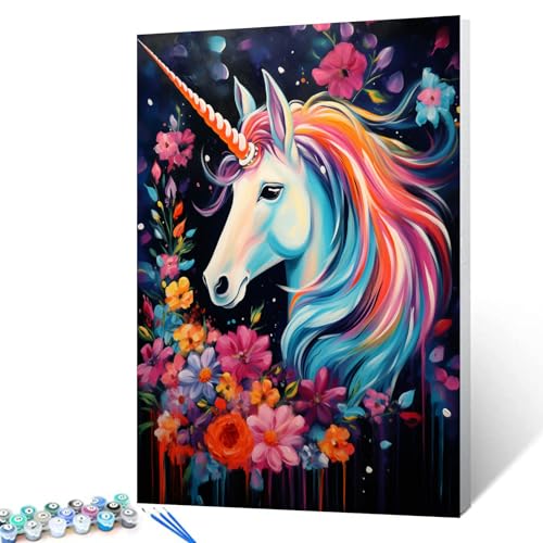 Tucocoo Regenbogen-Einhorn-Malen-nach-Zahlen-Set mit Pinseln und Acryl-Pigmenten auf Leinwand, Gemälde für Erwachsene, abstrakte Blumen, niedliches Tier, Nahaufnahme, Bild für Heimdekoration von Tucocoo