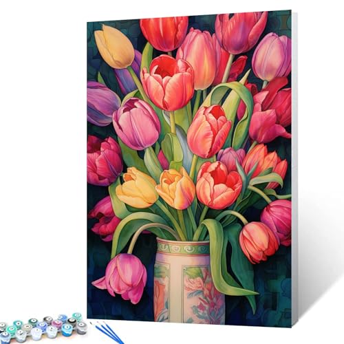 Tucocoo Vase der Tulpen Malen nach Zahlen für Erwachsene, DIY Digitales Ölgemälde Kits auf Leinwand mit Pinseln und Acrylpigment, Retro Aquarell Blumenbilder für Wohnkultur 40 x 50 cm (rahmenlos) von Tucocoo