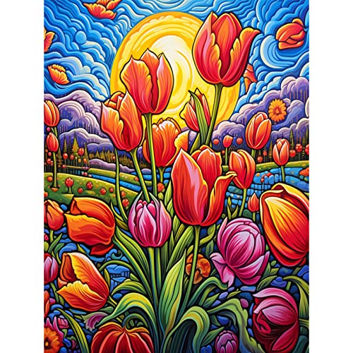 Tulip DIY Diamond Painting Kits für Erwachsene 5D Full Drill Runde Kristall Strass Stickerei Kreuzstich Schöne Abstrakte Blumenlandschaft Diamant Kunst Edelstein Handwerk Heimdekoration Geschenke von Tucocoo