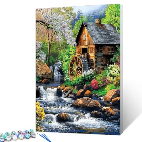 Waldhütte umgeben von Blumen und Bäumen, Wasserfall, Malen nach Zahlen auf Leinwand mit Pinseln, Acrylfarben, perfekt zum Malen nach Zahlen für Erwachsene und Kinder Studenten Anfänger mit DIY-Rahmen von Tucocoo