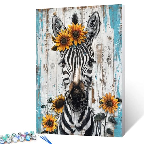 Zebra mit Sonnenblumenkrone, Bild Malen nach Zahlen für Erwachsene, Anfänger, niedliche Tier-Wandkunst für Badezimmer, Schlafzimmer, Retro-Stil, digitale Zeichnung, Malerei für moderne Wohnkultur, von Tucocoo