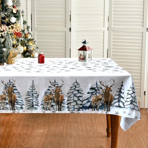 Tucwurl Weihnachtstischdecke, Weihnachten Tischtuch Weiß Abwaschbar Weihnachten Tischdecke, Groß Christmas Tischdecken mit Elch Bäume Schneeflocke, Küche Dekoration Party Dekor, 130 x 220 cm von Tucwurl