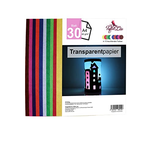 Tüftel-Lise Premium Transparentpapier (A4) bunt 30 Blatt in 10 Farben | 42g | Vielseitig verwendbar z.B. als Fensterpapier, Laternenpapier o. Drachenpapier. Ideal zum kleistern und basteln von Tüftel-Lise