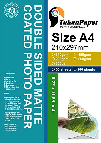 Premium Fotopapier für Tintenstrahldrucker, doppelseitig, matt, DIN A4, 21 x 29,5 cm, 100 Blatt, 140 g/m² von Tukan Paper