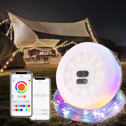 Tulov 7m APP-Steuerung Camping Lichterkette, Tragbares LED Außenlichterketten,Lademodus RGB-Farblicht, IP67 wasserdicht Zeltleuchte für Camping, Gärten, Balkone, Partys und festliche Dekorationen von Tulov