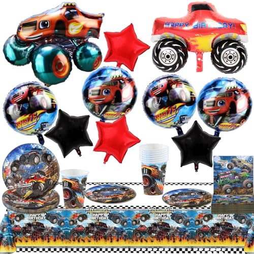 Monster Truck Luftballons, Monster Trucks Geburtstag Party Dekorationen, Partygeschirr Kindergeburtstag Deko Party Zubehör zum Teller Tassen Tischdecke Kinder Karneval Party Supplies Dekoration von Tulufanskrr