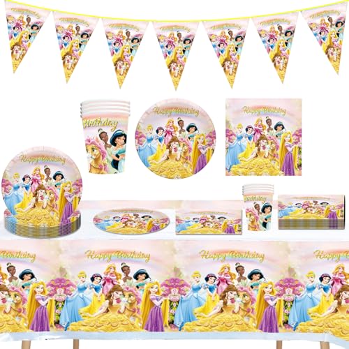 Prinzessin Partyset Kindergeburtstag, Geburtstag Geschirr Kit Rosa, Prinzessin Geburtstagsdeko Partygeschirr Partyzubehör Set, Tassen Teller Servietten Tischdecken für Kinder Party Supplies Tischdeko von Tulufanskrr