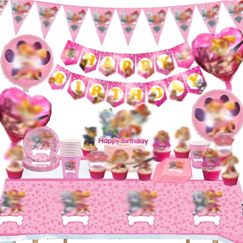 Rosa Partygeschirr Set, 95 Stück Paw Dog Patrol Geburtstag Deko, Geburtstag Geschirr Set, Kindergeburtstag Party Dekoration Becher Servietten Tischdecke Folienballons Set für Jungen Mädchen Kinder von Tulufanskrr