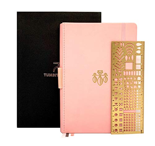 A5 bullet dotted journal dot grid notebook 220 pages 3 x page markers 160GSM extra thick paper bujo specific metal stencil ruler page numbers pen holder in spine 4 x index pages 8 perforated pages von Tumbitri Meri