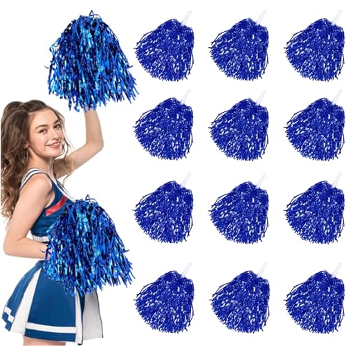 12 Stück Cheerleading Pompoms,Pom Pom Cheerleader,Blau Pom Poms aus Metallfolie,Cheerleader Bunte Pompons Handblume,Metallic Pompoms Cheerleading für Sportwettbewerb Tanzen Cheers Erwachsene Kinder von Tundwhite