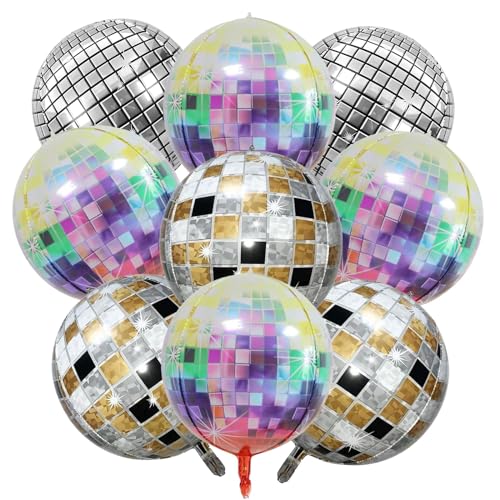 Tundwhite Disco Folienballon, 9 Stück Bunte Discokugel Luftballons Helium Ballon, 22 Zoll 4D Disco Party Deko Ballons, 70er 80er 90er Retro Disco Hip Hop Themenparty Dekoration von Tundwhite