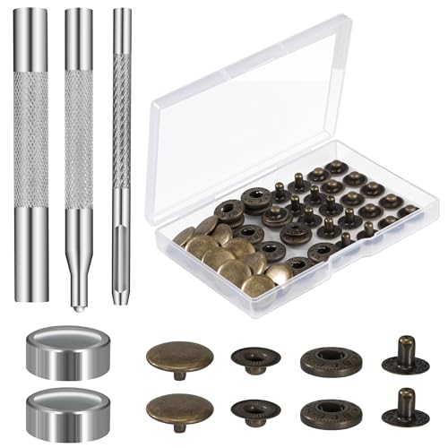 Druckknopf 12 Sets Bronze Kleidung Snaps Taste Metall Snaps Knöpfe mit 4 Install Tools für Schuhe, Jeans, Jeansjacken, Taschen, Leder Handwerk, Brieftasche, Handtasche 15mm von Tunejoy