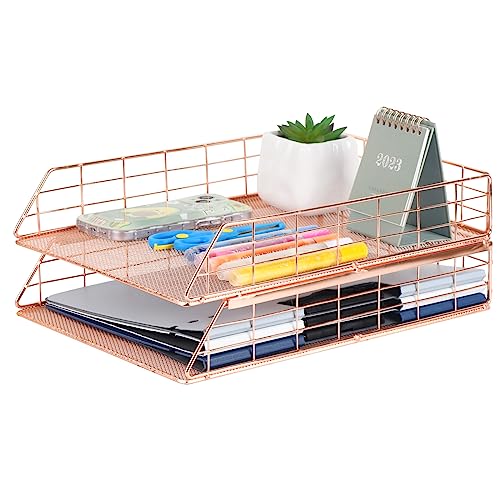 Tunnkit Stapelbare Briefablage, Papier-Organizer, Metall-Schreibtisch-Organizer für Briefe/A4-Papieraufbewahrung, geeignet für Büro, Schule, Zuhause, Roségold, 2 Stück von Tunnkit