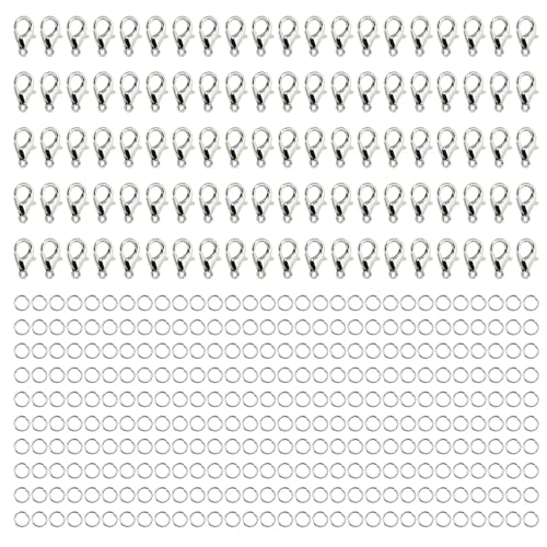 Tupalizy Karabinerverschlüsse, 12 x 6 mm, mit 300 Stück 0,7 x 5 mm offenen Binderingen für Armband, Halskette, Schlüsselanhänger, Schmuckherstellung, Projekt, Tasche, Geldbörse, Charm-Zubehör, 100 von Tupalizy