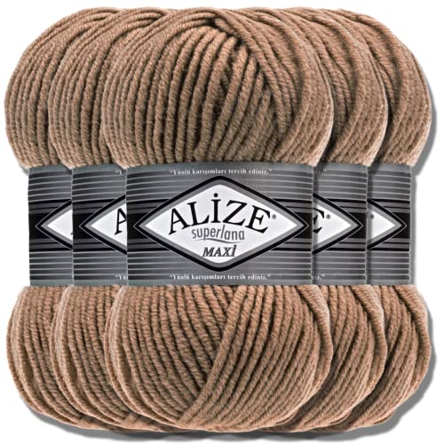 Alize 5 x 100g Superlana Maxi Türkische Premium Wolle Baumwolle und Acryl Uni Handstrickgarne | Yarn | Garn | Strickgarn Einfarbig Baby zum Häkeln Stricken Kleidung Schals (Dark Beige | 466) von Turkey Store