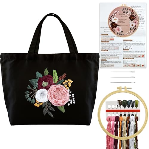 Turmaster Stickerei Set mit Canvas Tote Bag, Stickset für Anfänger, Sticken Set Erwachsene mit Blumenmuster,Stickrahmen,Fäden und DIY Stickerei Werkzeuge，Schwarz von Turmaster