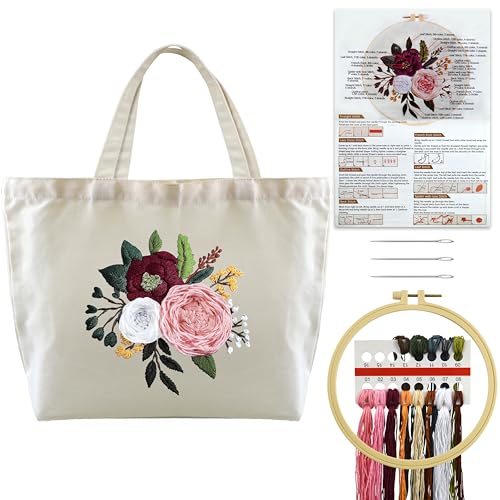 Turmaster Stickerei Set mit Canvas Tote Bag, Stickset für Anfänger, Sticken Set Erwachsene mit Blumenmuster,Stickrahmen,Fäden und DIY Stickerei Werkzeuge，Weiß von Turmaster