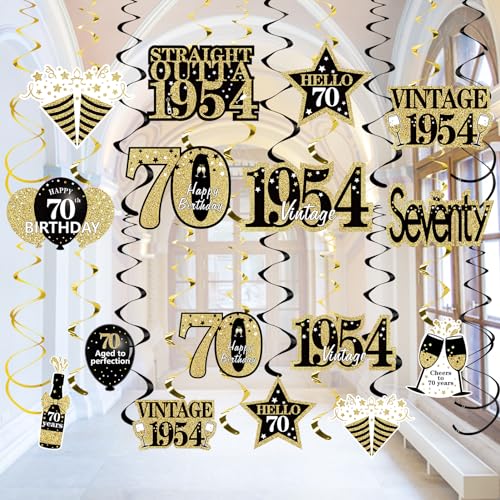 16 Stück Dekorationen zum 70. Geburtstag, hängende Wirbel für Männer und Frauen, Schwarz / Gold Vintage 1953 70. Geburtstag Folienwirbel Partyzubehör, siebzig Jahre alt Geburtstag Decke hängende Dekorationen von Turypaty