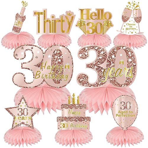 Rosa Roségold 30. Geburtstag Wabenaufsätze Dekorationen für Frauen, 9 Stück Rose Gold Happy 30th Birthday Tischaufsätze Partyzubehör, 30 Jahre alter Geburtstag Tischdekoration von Turypaty