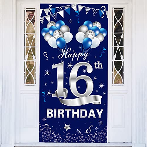 Türbanner zum 16. Geburtstag, Blau / Silber, "Happy 16 Birthday", Partyzubehör für Jungen, süßer Fotoautomaten-Hintergrund zum 16. Geburtstag von Turypaty