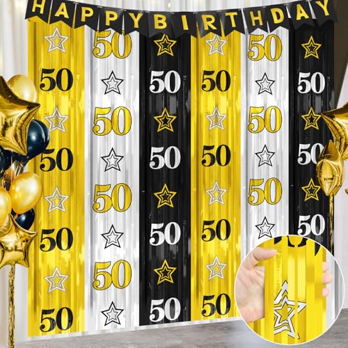 Turypaty Happy 50th Birthday Dekorationen für Männer und Frauen, Schwarz / Gold, 50. Hochzeitstag, Partyzubehör, 2 Stück Stern-Folien-Fransenvorhänge, Hintergrund, 1 x 2 m, Luftschlangen, von Turypaty