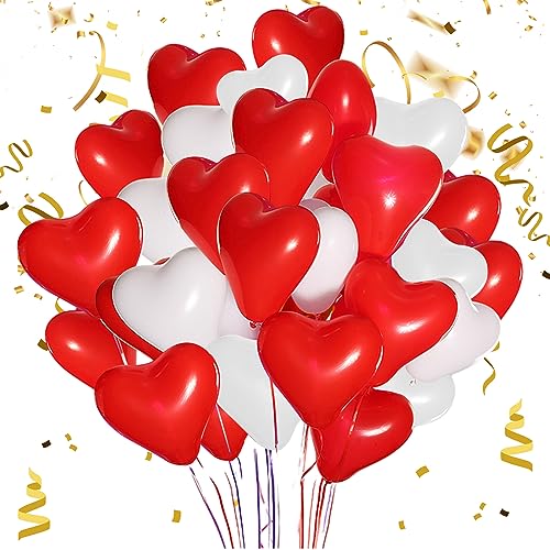 50 Pcs Latex Herzluftballons Rot Weiß, 11 Zoll Herz Luftballons, Herz Helium Ballons, für Sie & Ihn Hochzeit & Valentinstag von TuseRxln