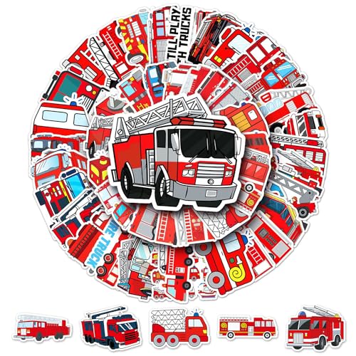 Feuerwehr Aufkleber Fire Feuerwehrauto Sticker, 50 Stücke wasserdichte und Wiederverwendbare Jungen-fahrzeugaufkleber für Auto Laptop Koffer Skateboard Fahrrad Motorrad Party Wand Deko von TuseRxln