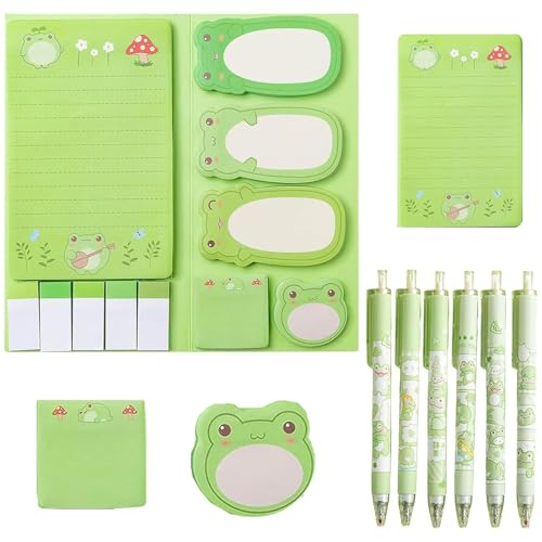 Frosch-Schreibwaren-Set, 1 x Frosch-Haftnotizen-Set und 6 x einziehbare Froschstifte, niedliches Bürobedarf, Notizblöcke, niedliche Frösche, niedliches Schreibwaren-Set für Kinder, Klassenkameraden, von TuseRxln