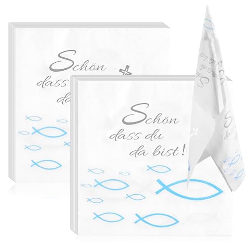 Servietten Fisch Blau Kommunion Dekoration, 40 Stück Fisch Blau Goldfolie Papierservietten, Dekoration Tischdeko für Taufe, Kommunion, Konfirmation, Party - 33x33 cm von TuseRxln