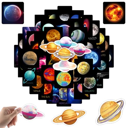 Weltraumplanet Sticker Planeten Deko Aufkleber, 50 Stück Weltraum Erde Sonnensystem Planet Aufkleber, Tablet Motorradhelm Kühlschrank Wasserdicht Vinyl Stern Aufkleber von TuseRxln