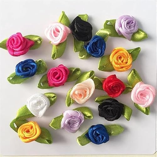 100 Stück mehrfarbige Mini-Rosen-Ornamente, gemischte Farben, Rosenborte und für Rockdekoration, Satin-Stoffrosen mit Blätterbesatz und Verzierungen, Besatz und Verzierungen, Stoffbänder von Tustao