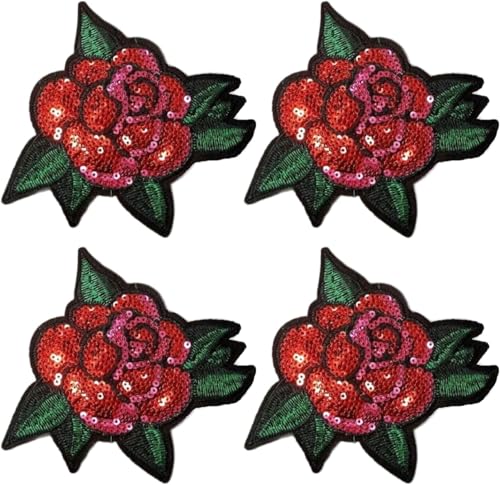 Aufnäher zum Aufbügeln oder Aufnähen für Kleidung, 12,7 cm, Rot und Rosa, Pailletten-Rose mit Blättern, bestickt, zum Aufnähen oder Aufbügeln, bestickt, 4 Stück von Tustao