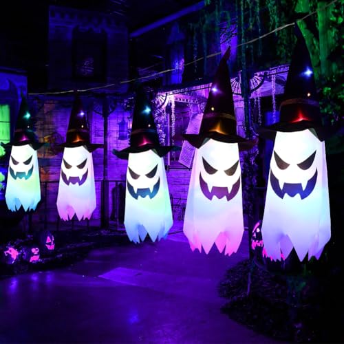 Tutamaz 5er Halloween-Deko Garten Outdoor, Halloween Geist Dekoration Garten mit 2 Lichtmodi Led Lichterkette Deko Geist Ghost Windsack Flagge für Halloween Horror Party Rasen Patio Karneval -Geist von Tutamaz