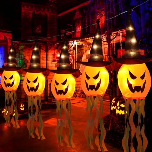 Tutamaz 5er Halloween-Deko Garten Outdoor, Halloween Geist Dekoration Garten mit 2 Lichtmodi Led Lichterkette Deko Geist Ghost Windsack Flagge für Halloween Horror Party Rasen Patio Karneval -Kürbis von Tutamaz