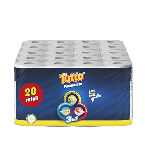 Tutto Pannocarta 3 in 1, 20 Mehrzweck-Papierrollen, 1 Schicht, 48 Risse, extra saugfähig, waschbar und mehr als 20 Mal wiederverwendbar, 100% Made in Italy von Tutto Pannocarta