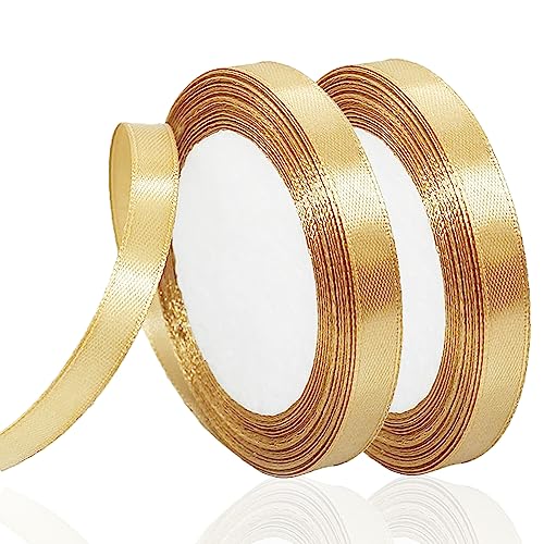 Goldenes Satinband mit goldenen Kanten - 2er-Pack 0,39 Zoll * 24 Yd Polyesterband - goldene Stoffbänder zum Verpacken von Geschenken, Hochzeiten, Eheversprechen, Blumenarrangements und zum Basteln von Tuxiaobu